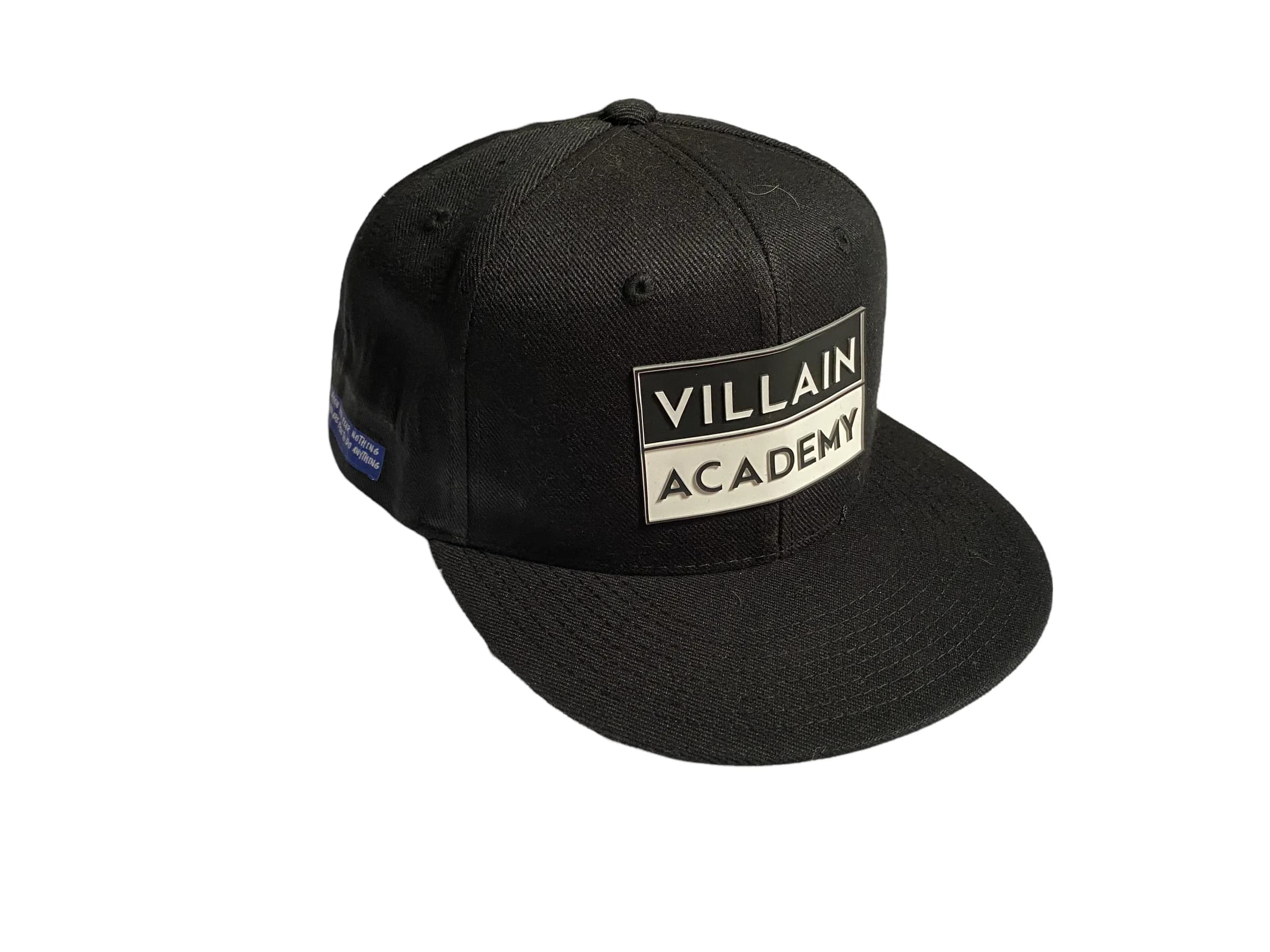 Black cap with the woven VILLAIN ACADEMY box patch on the crown